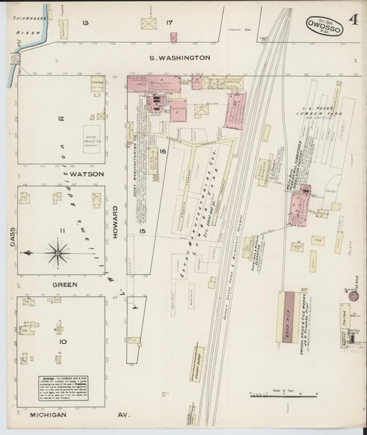 Sanborn Fire Insurance Map from Owosso, Shiawassee County, Michigan (1884), Sheet #0004 - Historic Sanborn Fire Insurance Map Print, vintage old map wall art, antique decor, genealogy gift, Michigan Michigan map