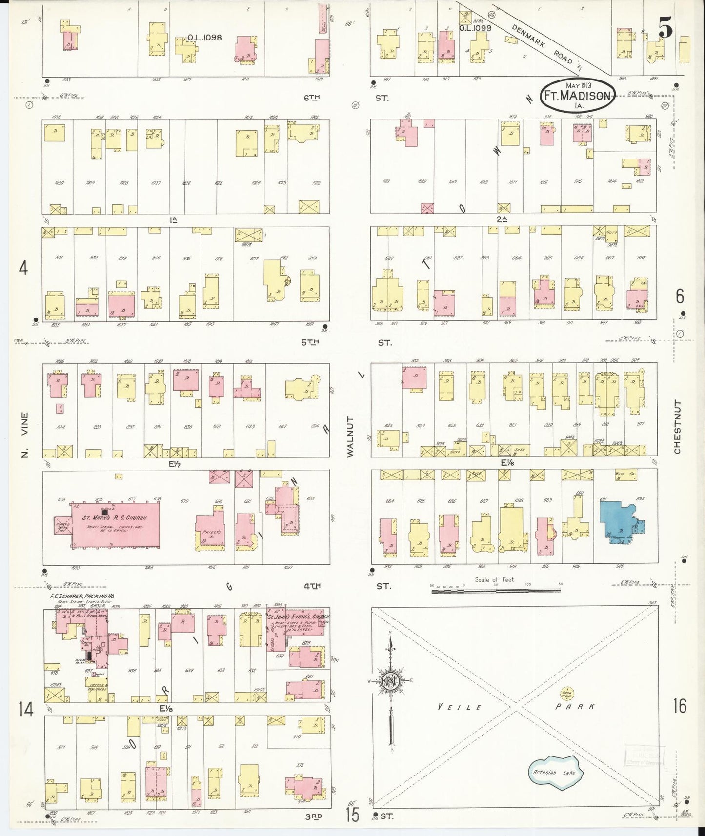 Sanborn Fire Insurance Map from Fort Madison, Lee County, Iowa (1913), Sheet #0005 - Historic Sanborn Fire Insurance Map Print, vintage old map wall art