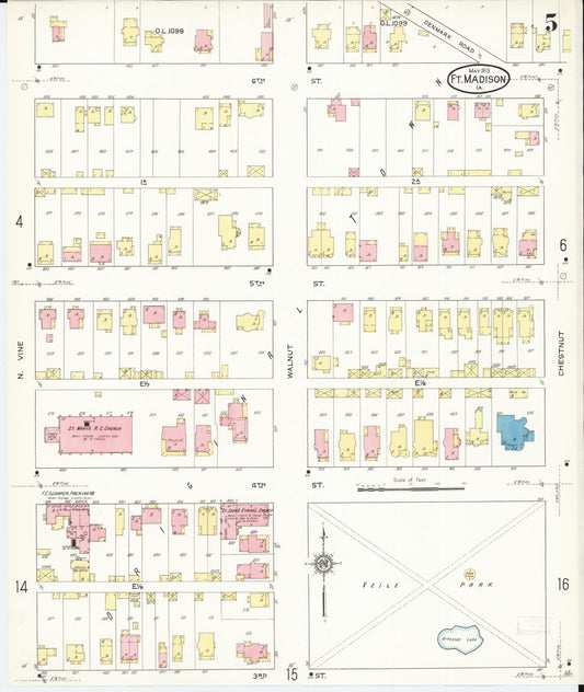 Sanborn Fire Insurance Map from Fort Madison, Lee County, Iowa (1913), Sheet #0005 - Historic Sanborn Fire Insurance Map Print, vintage old map wall art