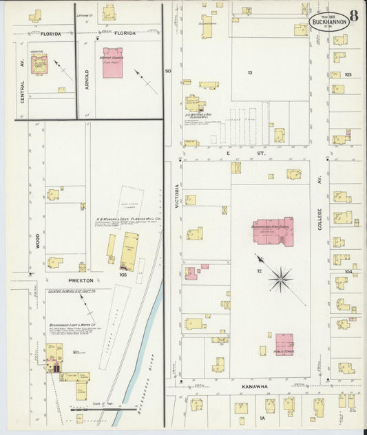 Sanborn Fire Insurance Map from Buckhannon, Upshur County, West Virginia (1908), Sheet #0008 - Historic Sanborn Fire Insurance Map Print, vintage old map wall art, antique decor, genealogy gift, West Virginia West Virginia map