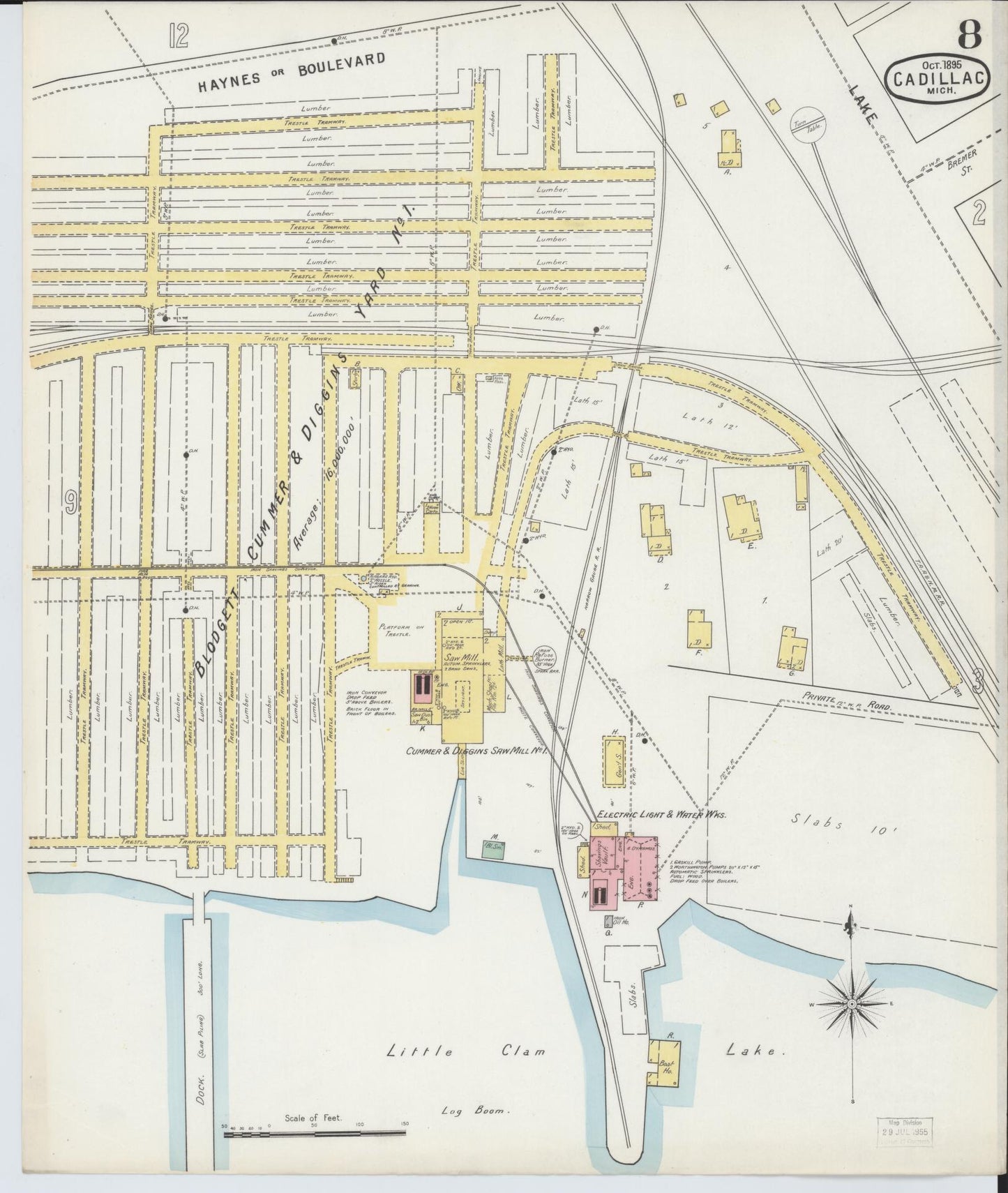 Sanborn Fire Insurance Map from Cadillac, Wexford County, Michigan (1895), Sheet #0008 - Historic Sanborn Fire Insurance Map Print, vintage old map wall art, antique decor, genealogy gift, Michigan Michigan map