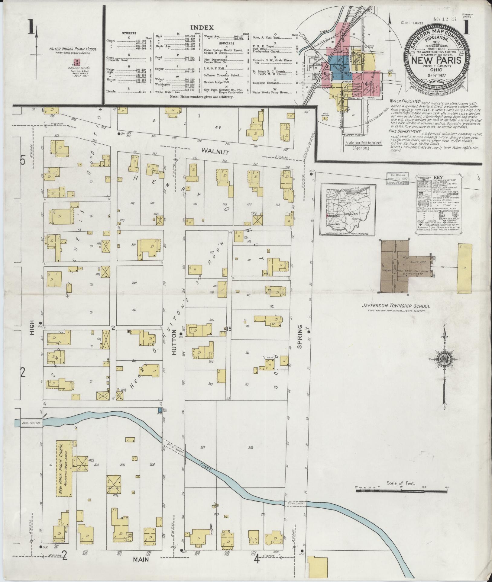 Sanborn Fire Insurance Map from New Paris, Preble County, Ohio (1927), Sheet #0001 - Historic Sanborn Fire Insurance Map Print, vintage old map wall art, antique decor, genealogy gift, Ohio Ohio map