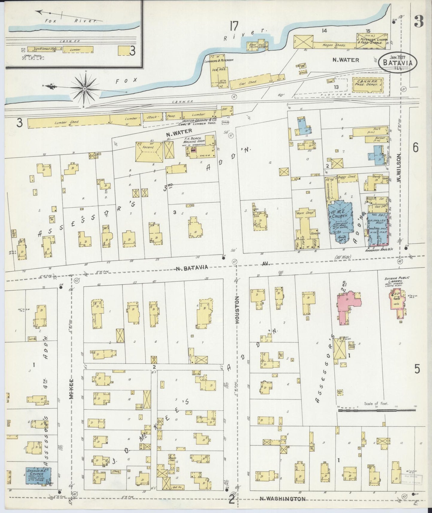 Sanborn Fire Insurance Map from Batavia, Kane County, Illinois (1907), Sheet #0003 - Complete Map Set gallery image, historic Sanborn map, vintage wall art, Illinois Illinois