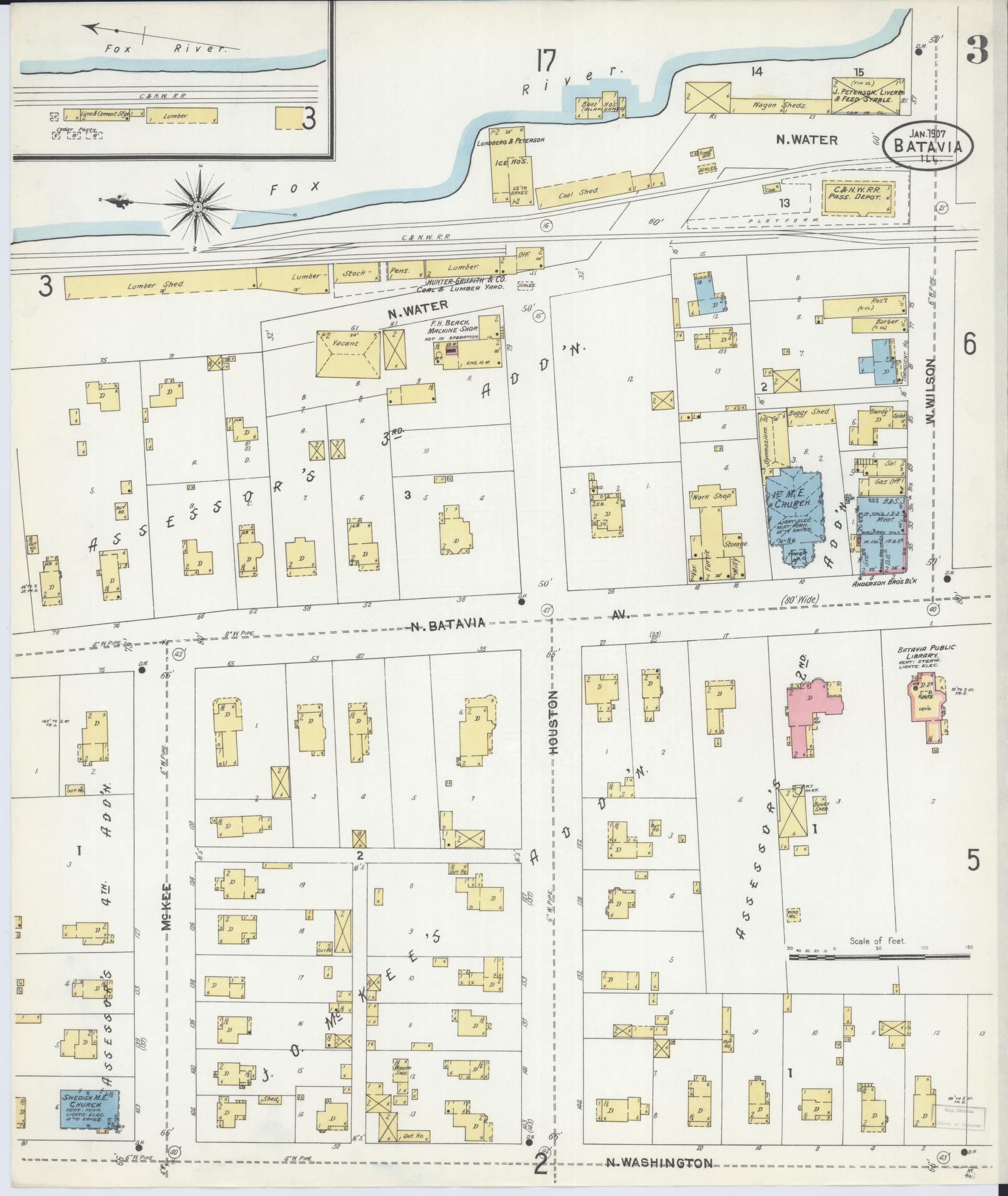 Sanborn Fire Insurance Map from Batavia, Kane County, Illinois (1907), Sheet #0003 - Complete Map Set gallery image, historic Sanborn map, vintage wall art, Illinois Illinois