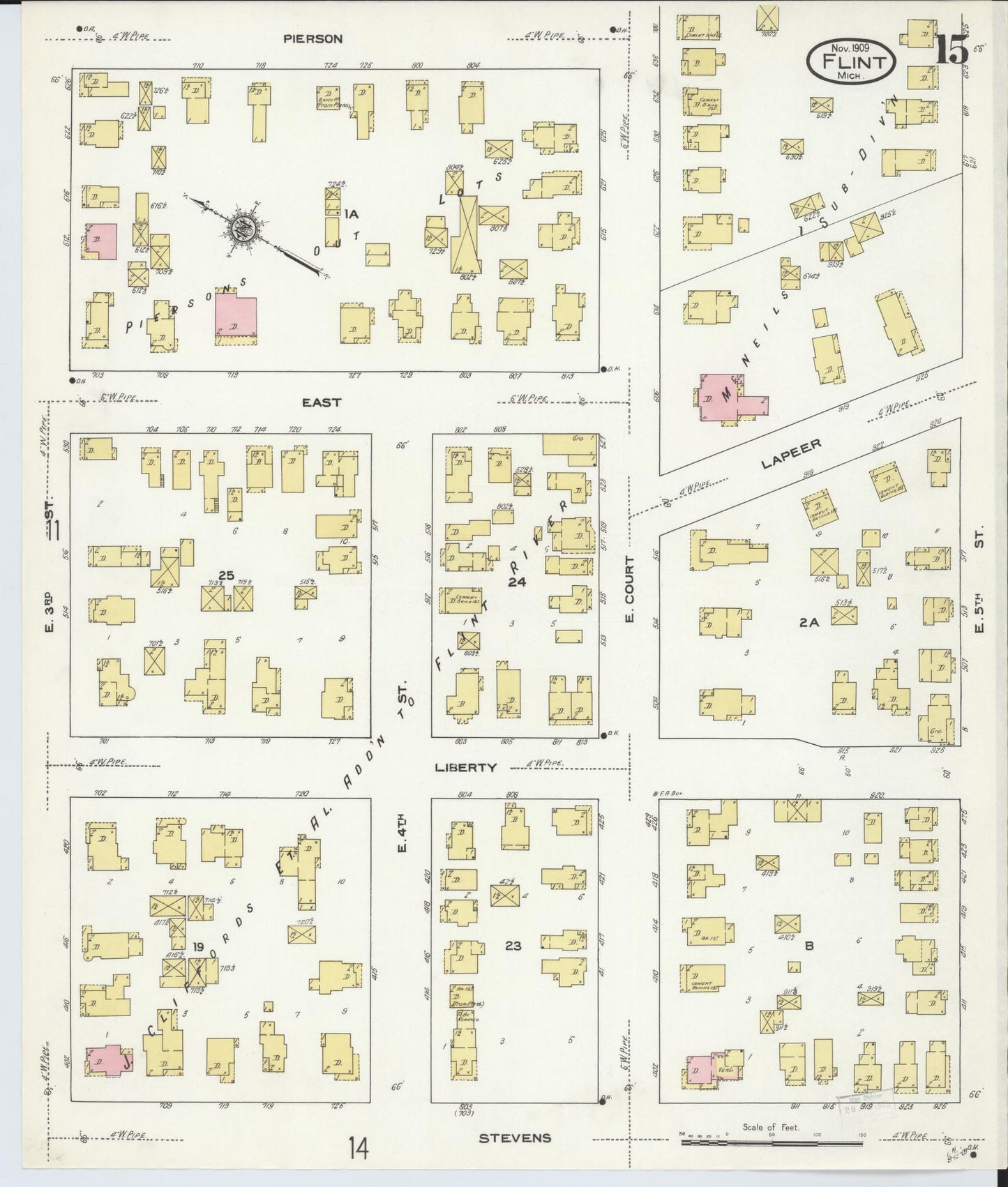 Sanborn Fire Insurance Map from Flint, Genesee County, Michigan (1909), Sheet #0015 - Complete Map Set gallery image, historic Sanborn map, vintage wall art, Michigan Michigan