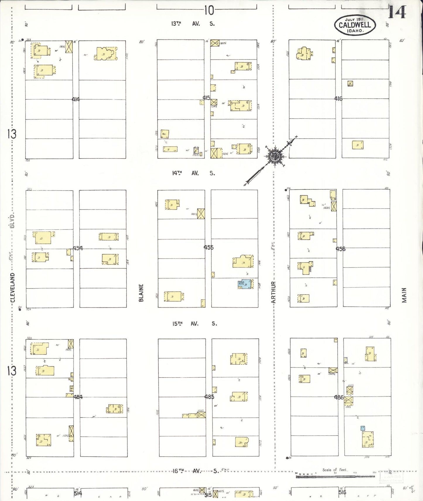 Sanborn Fire Insurance Map from Caldwell, Canyon County, Idaho (1911), Sheet #0014 - Historic Sanborn Fire Insurance Map Print, vintage old map wall art, antique decor, genealogy gift, Idaho Idaho map