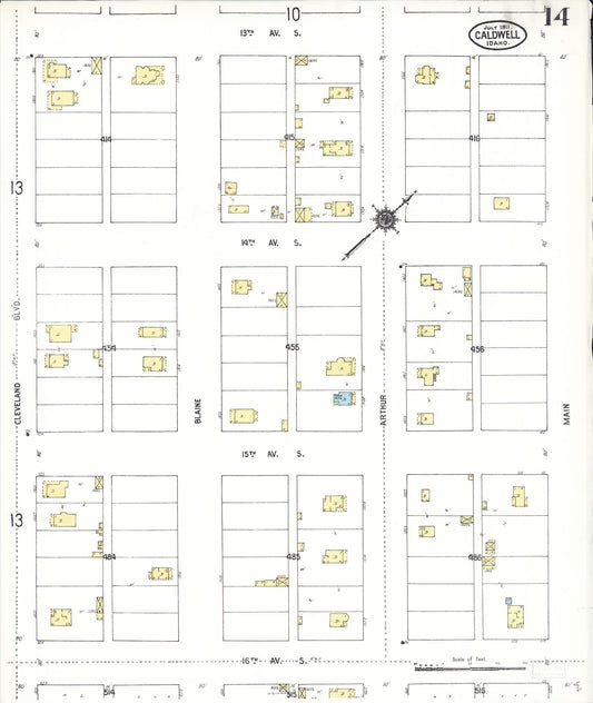 Sanborn Fire Insurance Map from Caldwell, Canyon County, Idaho (1911), Sheet #0014 - Historic Sanborn Fire Insurance Map Print, vintage old map wall art, antique decor, genealogy gift, Idaho Idaho map