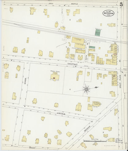 Sanborn Fire Insurance Map from Needham, Norfolk County, Massachusetts (1906), Sheet #0005 - Historic Sanborn Fire Insurance Map Print, vintage old map wall art, antique decor, genealogy gift, Massachusetts Massachusetts map