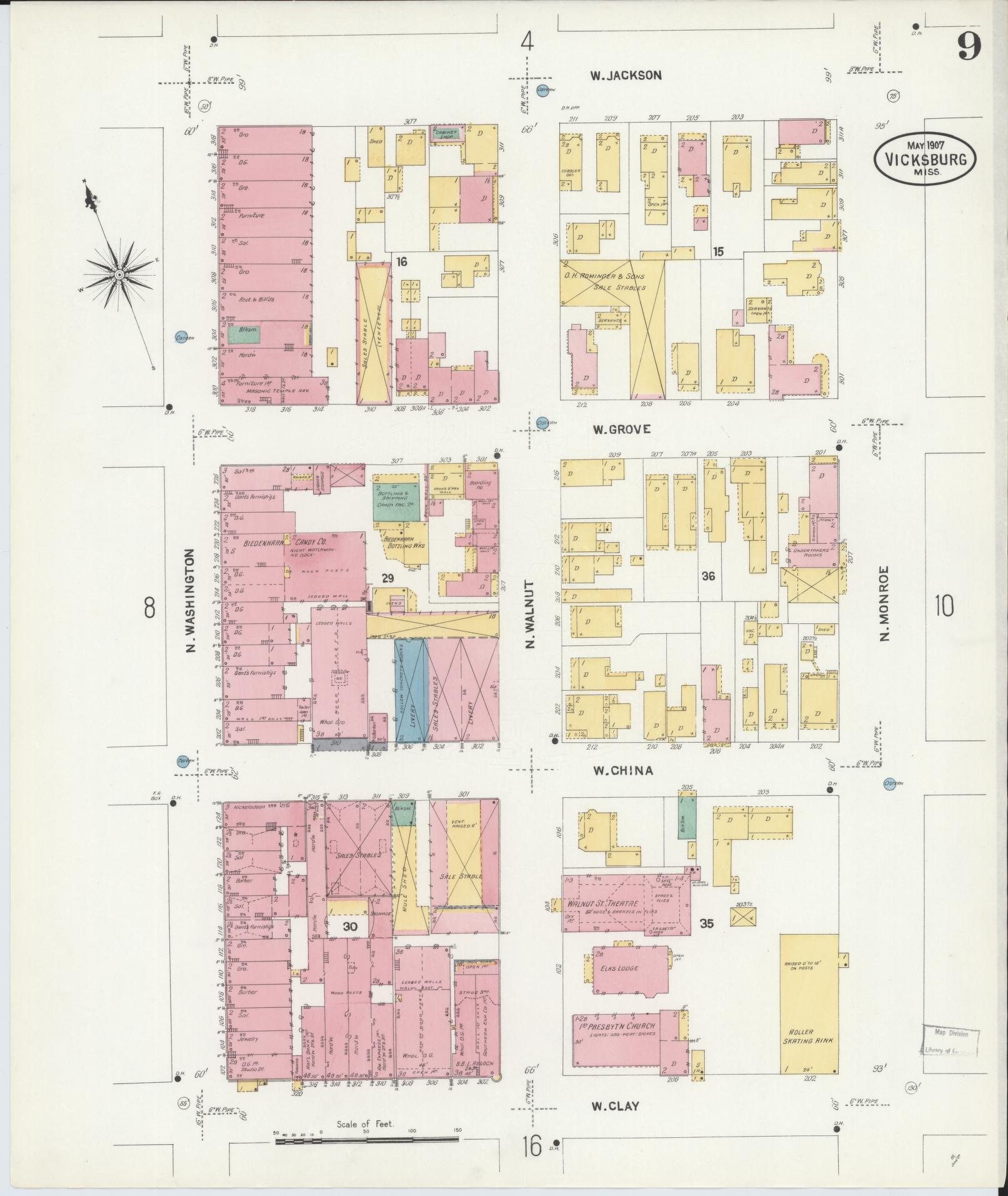 Sanborn Fire Insurance Map from Vicksburg, Warren County, Mississippi (1907), Sheet #0009 - Complete Map Set gallery image, historic Sanborn map, vintage wall art, Mississippi Mississippi