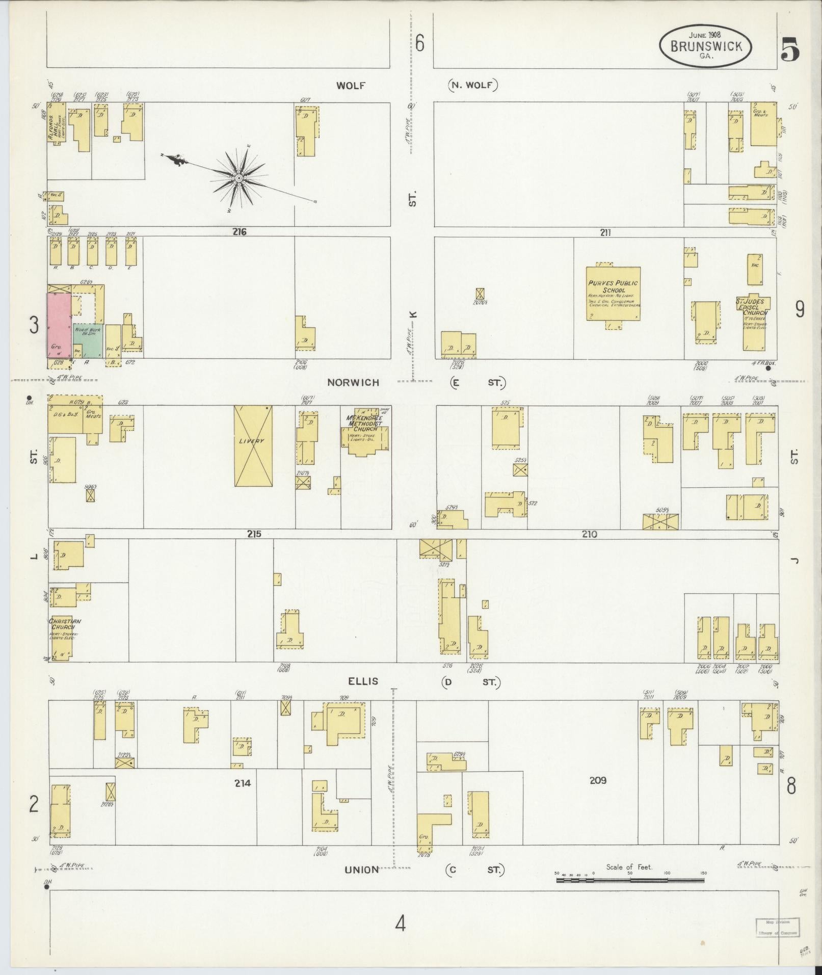 Sanborn Fire Insurance Map from Brunswick, Glynn County, Georgia (1908), Sheet #0005 - Historic Sanborn Fire Insurance Map Print, vintage old map wall art, antique decor, genealogy gift, Georgia Georgia map