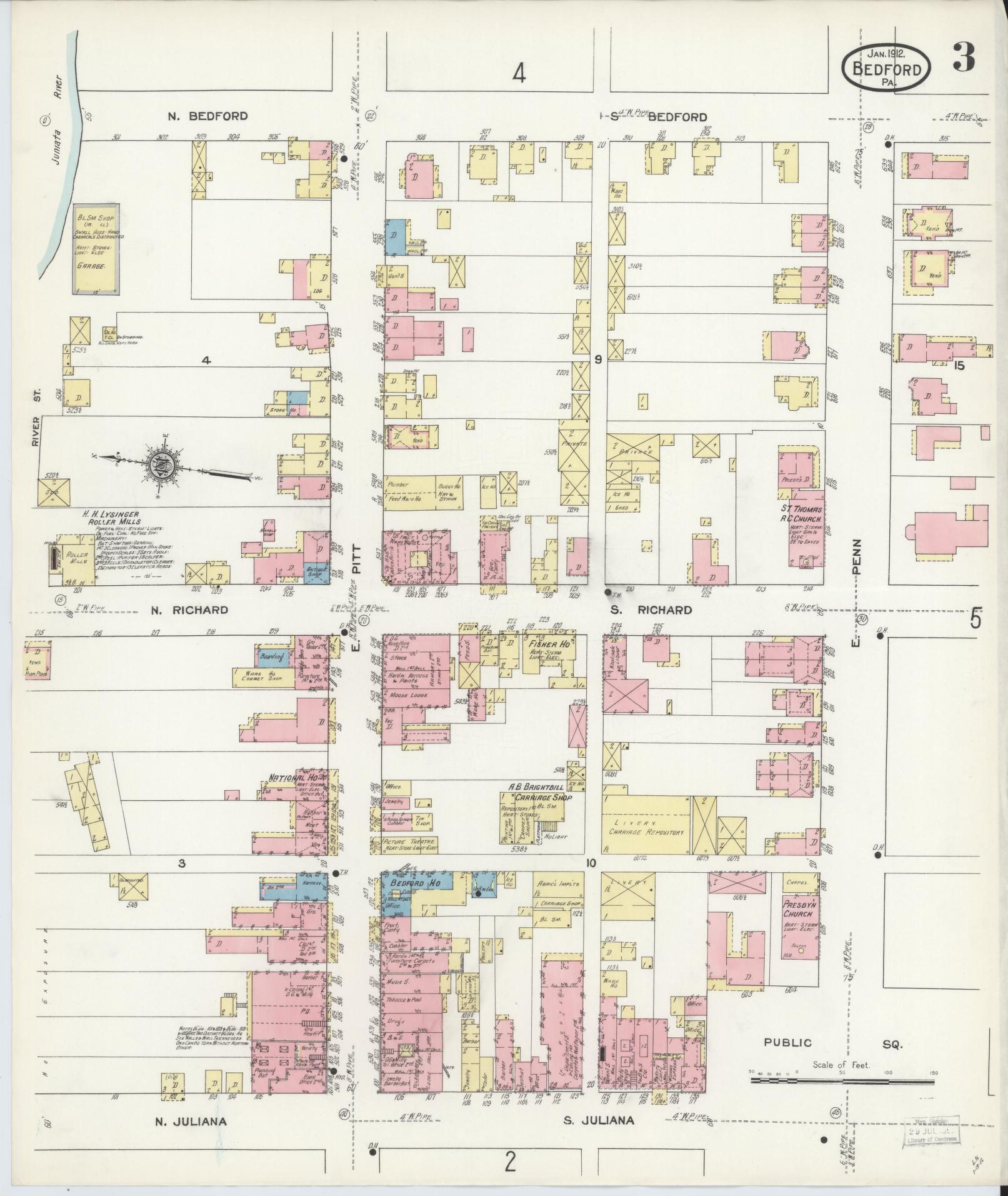 Sanborn Fire Insurance Map from Bedford, Bedford County, Pennsylvania (1912), Sheet #0003 - Historic Sanborn Fire Insurance Map Print, vintage old map wall art, antique decor, genealogy gift, Pennsylvania Pennsylvania map