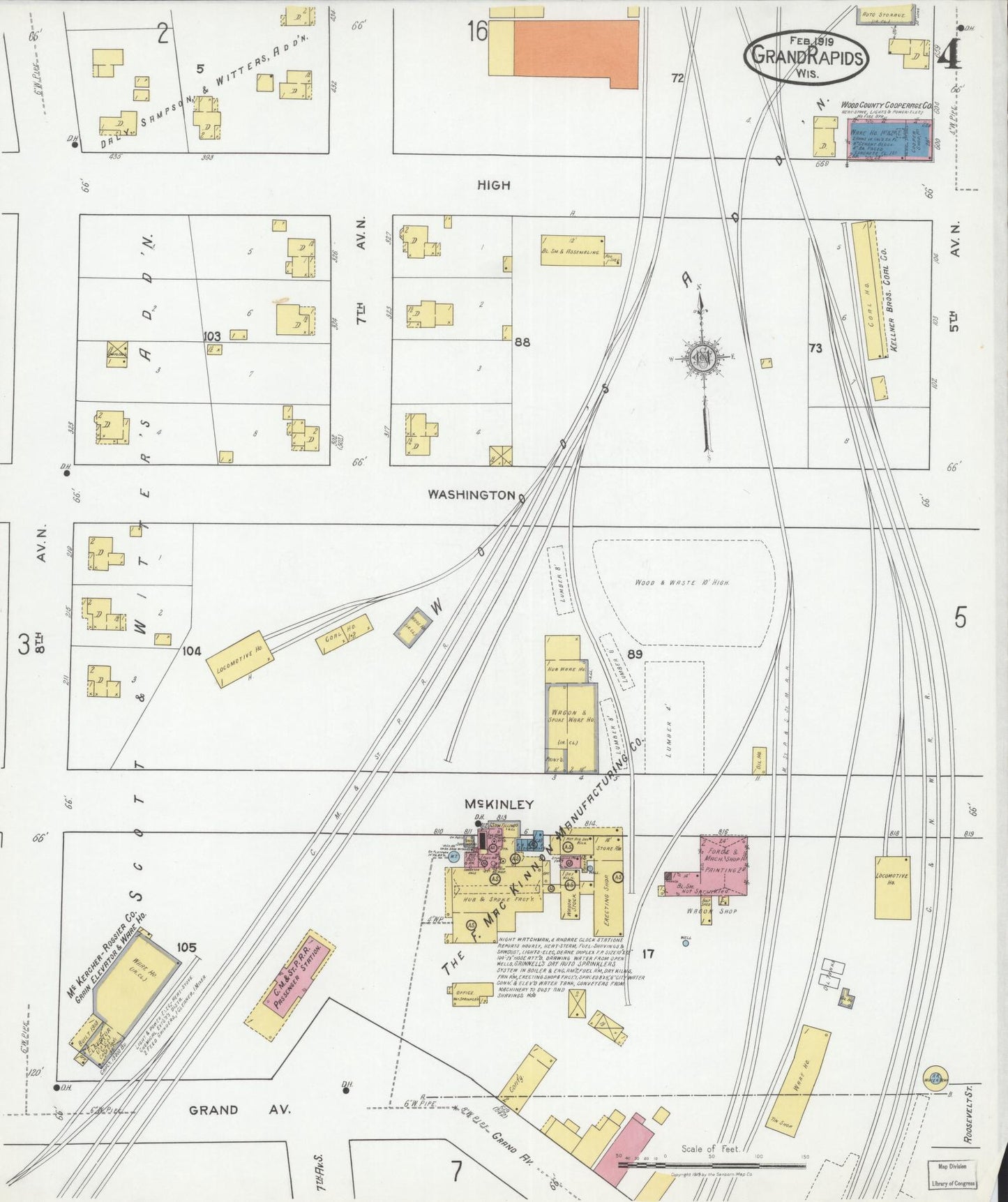 Sanborn Fire Insurance Map from Grand Rapids, Wood County, Wisconsin (1919), Sheet #0004 - Historic Sanborn Fire Insurance Map Print, vintage old map wall art, antique decor, genealogy gift, Wisconsin Wisconsin map