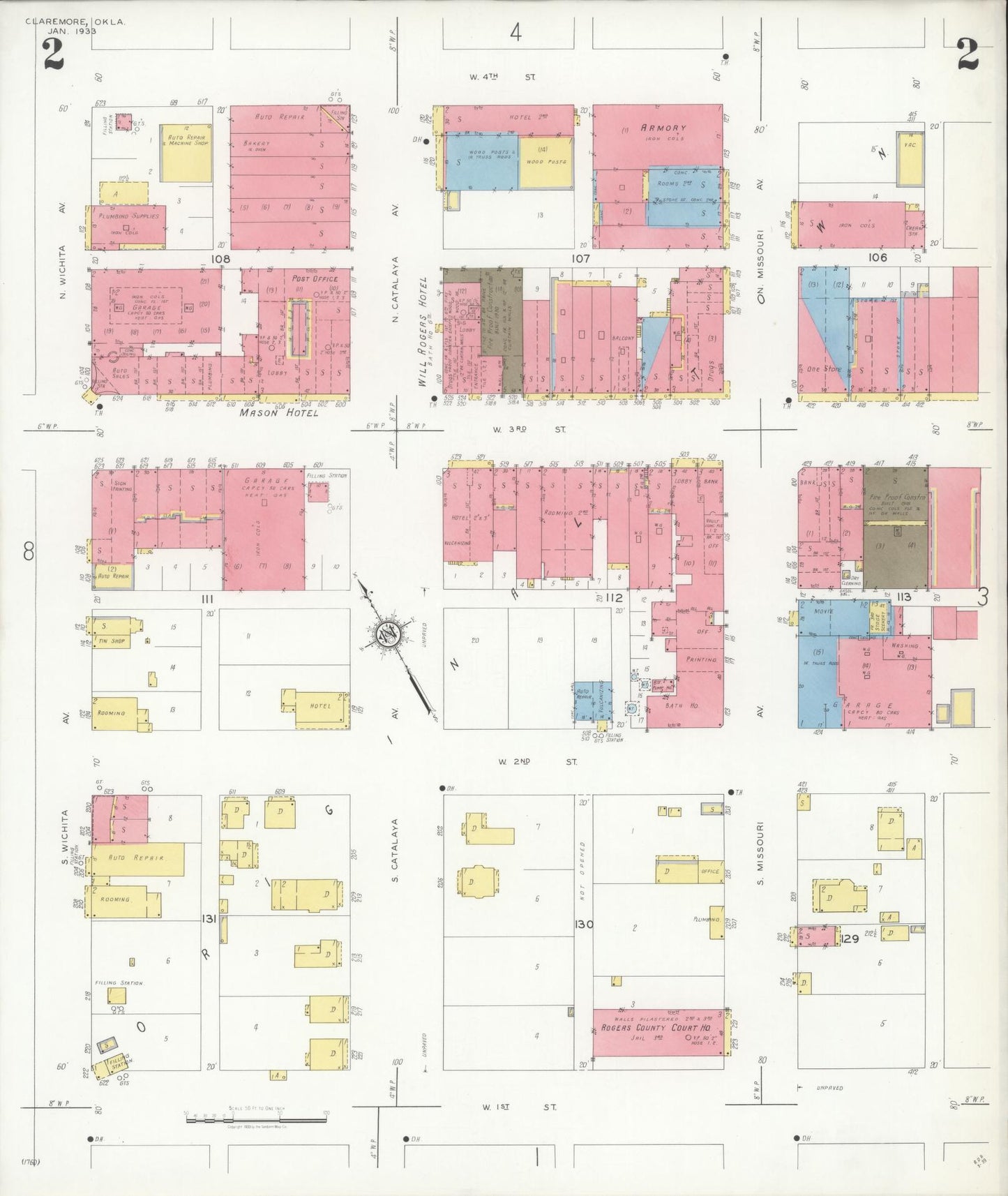 Sanborn Fire Insurance Map from Claremore, Rogers County, Oklahoma (1933), Sheet #0002 - Complete Map Set gallery image, historic Sanborn map, vintage wall art, Oklahoma Oklahoma