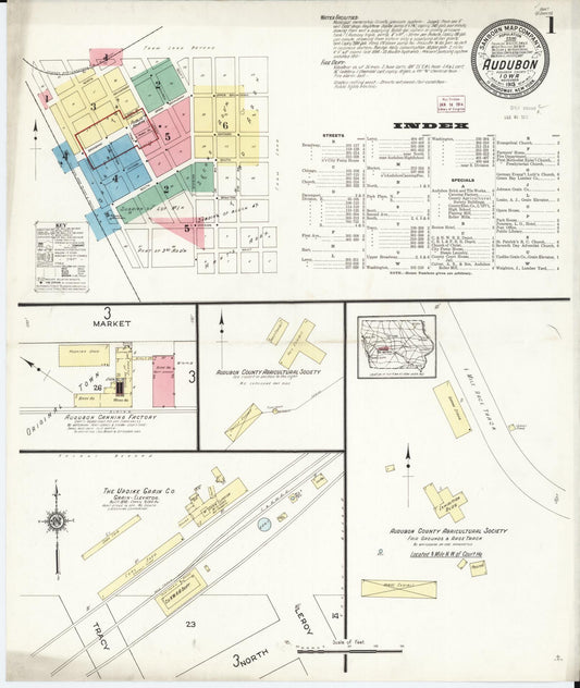 Sanborn Fire Insurance Map from Audubon, Audubon County, Iowa (1913), Sheet #0001 - Historic Sanborn Fire Insurance Map Print, vintage old map wall art