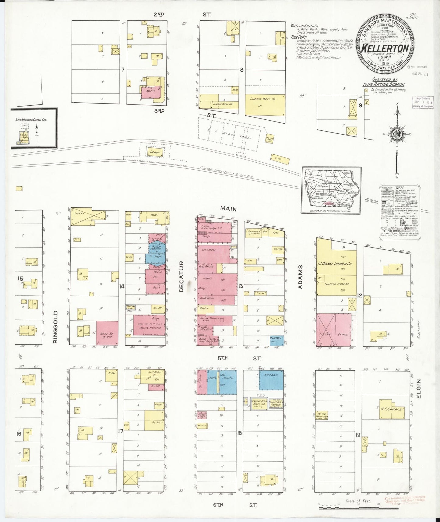 Sanborn Fire Insurance Map from Kellerton, Ringgold County, Iowa (1916), Sheet #0001 - Historic Sanborn Fire Insurance Map Print, vintage old map wall art
