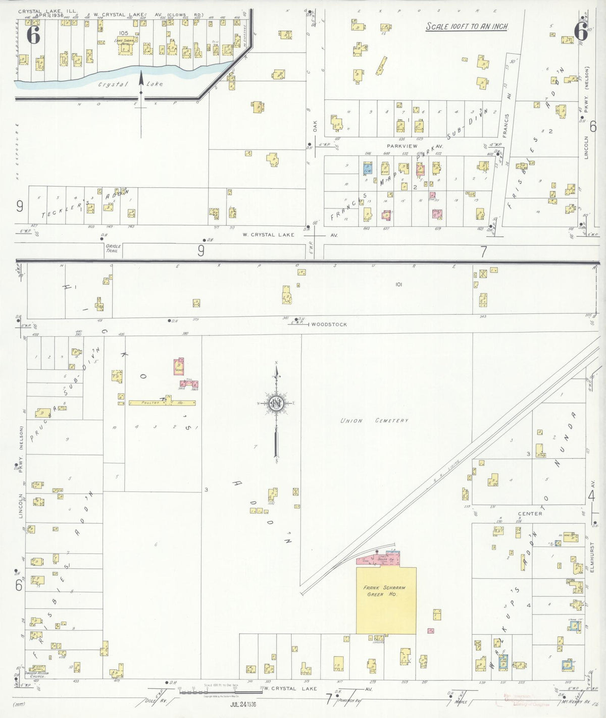 Sanborn Fire Insurance Map from Crystal Lake, McHenry County, Illinois (1936), Sheet #0006 - Complete Map Set gallery image, historic Sanborn map, vintage wall art, Illinois Illinois