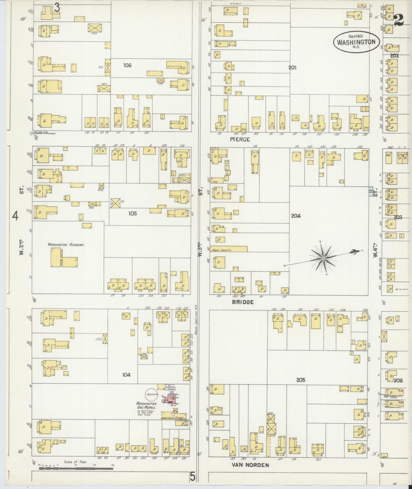 Sanborn Fire Insurance Map from Washington, Beaufort County, North Carolina (1901), Sheet #0002 - Historic Sanborn Fire Insurance Map Print, vintage old map wall art, antique decor, genealogy gift, Washington Washington map