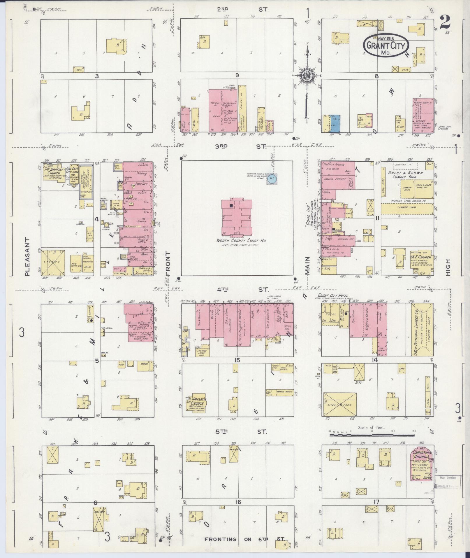Sanborn Fire Insurance Map from Grant City, Worth County, Missouri (1916), Sheet #0002 - Complete Map Set gallery image, historic Sanborn map, vintage wall art, Missouri Missouri