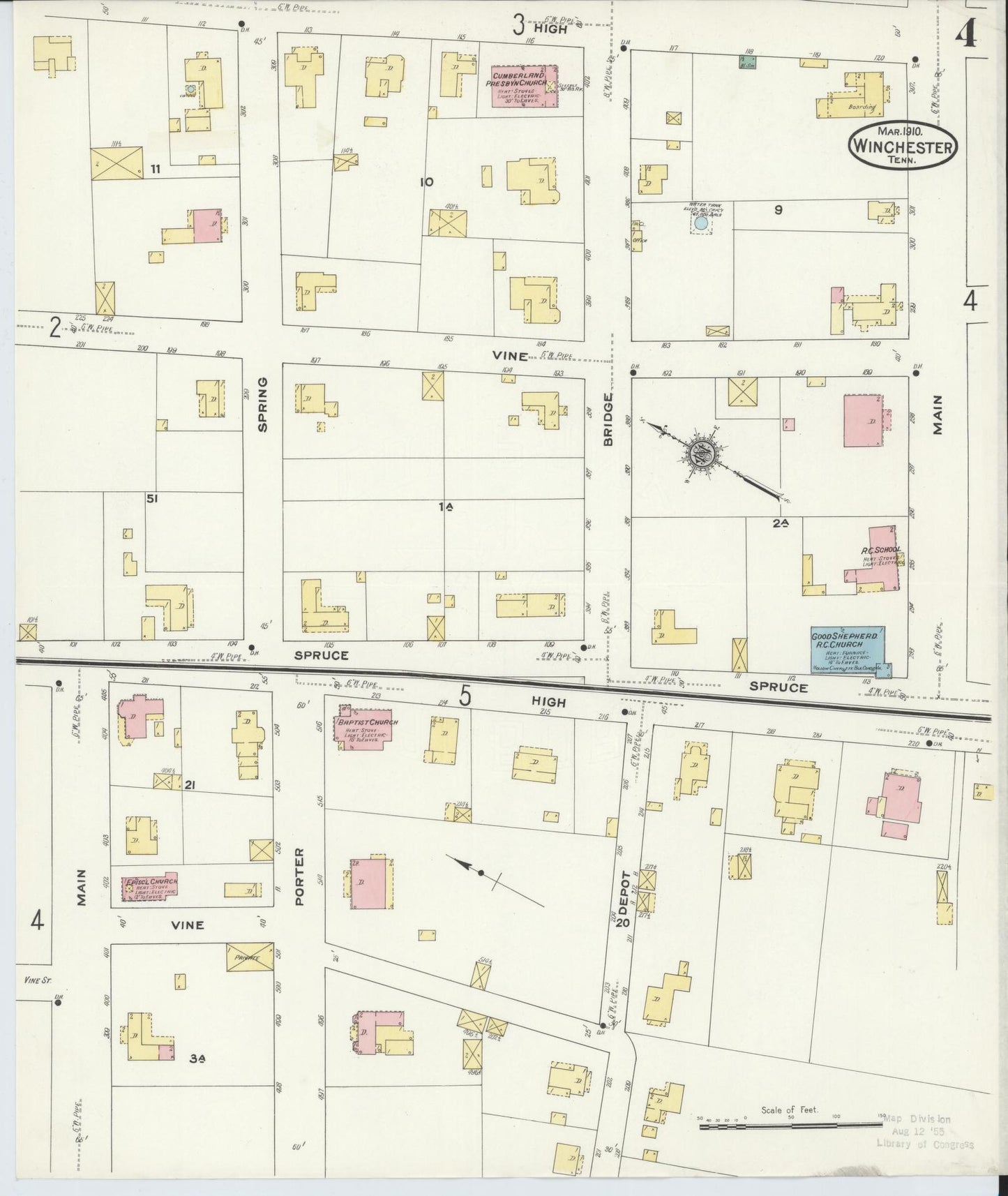 Sanborn Fire Insurance Map from Winchester, Franklin County, Tennessee (1910), Sheet #0004 - Complete Map Set gallery image, historic Sanborn map, vintage wall art, Tennessee Tennessee