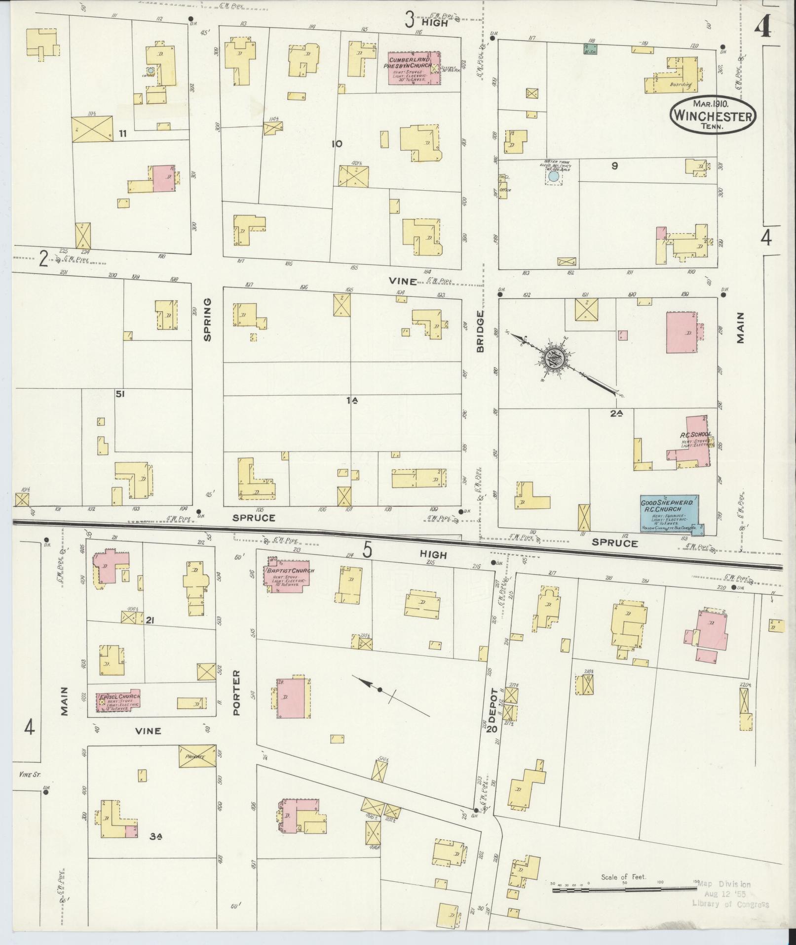 Sanborn Fire Insurance Map from Winchester, Franklin County, Tennessee (1910), Sheet #0004 - Complete Map Set gallery image, historic Sanborn map, vintage wall art, Tennessee Tennessee