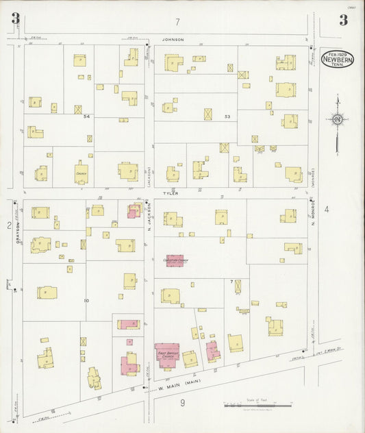 Sanborn Fire Insurance Map from Newbern, Dyer County, Tennessee (1929), Sheet #0003 - Historic Sanborn Fire Insurance Map Print, vintage old map wall art, antique decor, genealogy gift, Tennessee Tennessee map