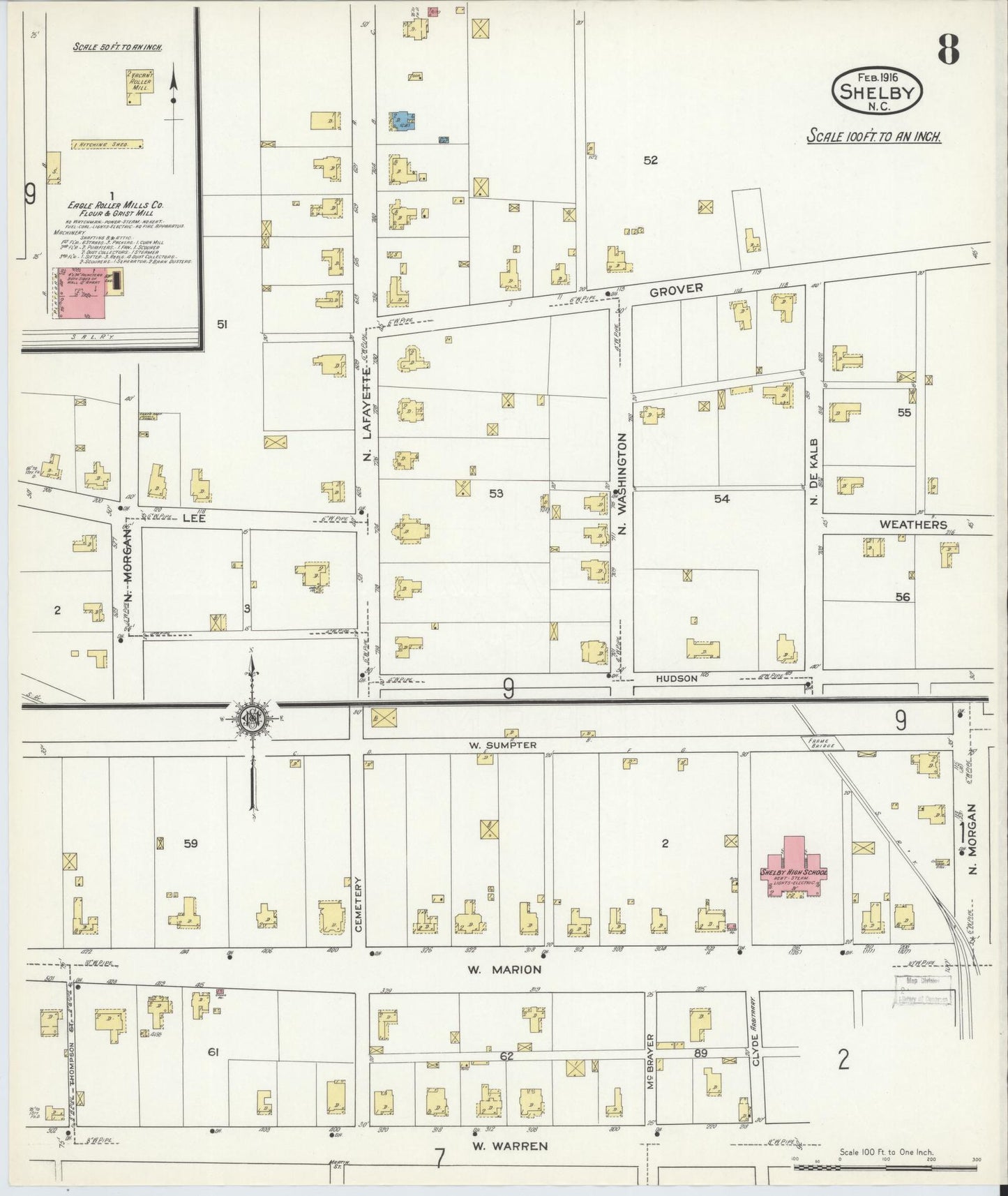 Sanborn Fire Insurance Map from Shelby, Cleveland County, North Carolina (1916), Sheet #0008 - Complete Map Set gallery image, historic Sanborn map, vintage wall art, North Carolina North Carolina