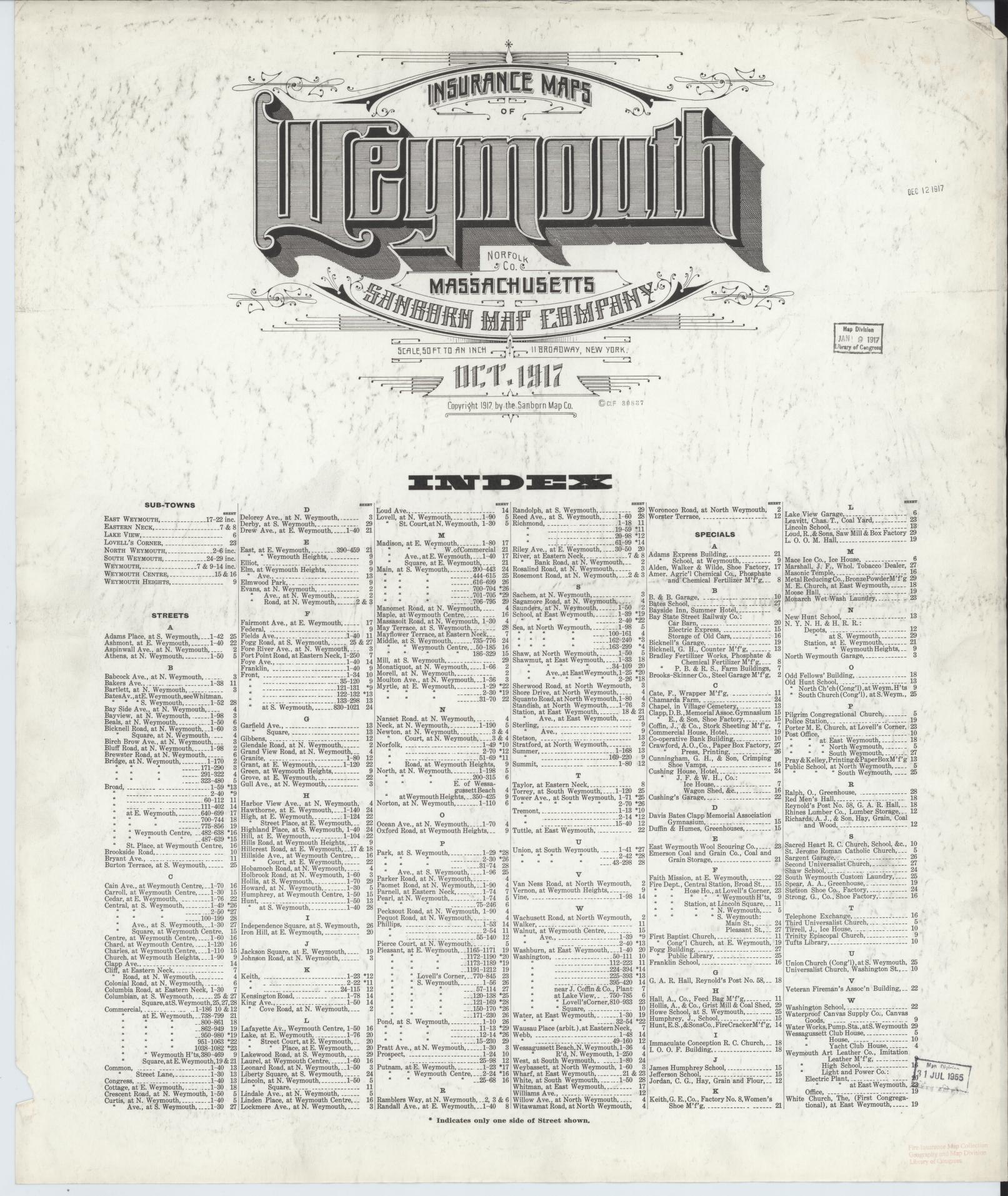 Sanborn Fire Insurance Map from Weymouth, Norfolk County, Massachusetts (1917), Sheet #0001 - Historic Sanborn Fire Insurance Map Print, vintage old map wall art, antique decor, genealogy gift, Massachusetts Massachusetts map