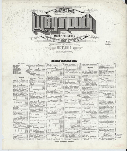 Sanborn Fire Insurance Map from Weymouth, Norfolk County, Massachusetts (1917), Sheet #0001 - Historic Sanborn Fire Insurance Map Print, vintage old map wall art, antique decor, genealogy gift, Massachusetts Massachusetts map
