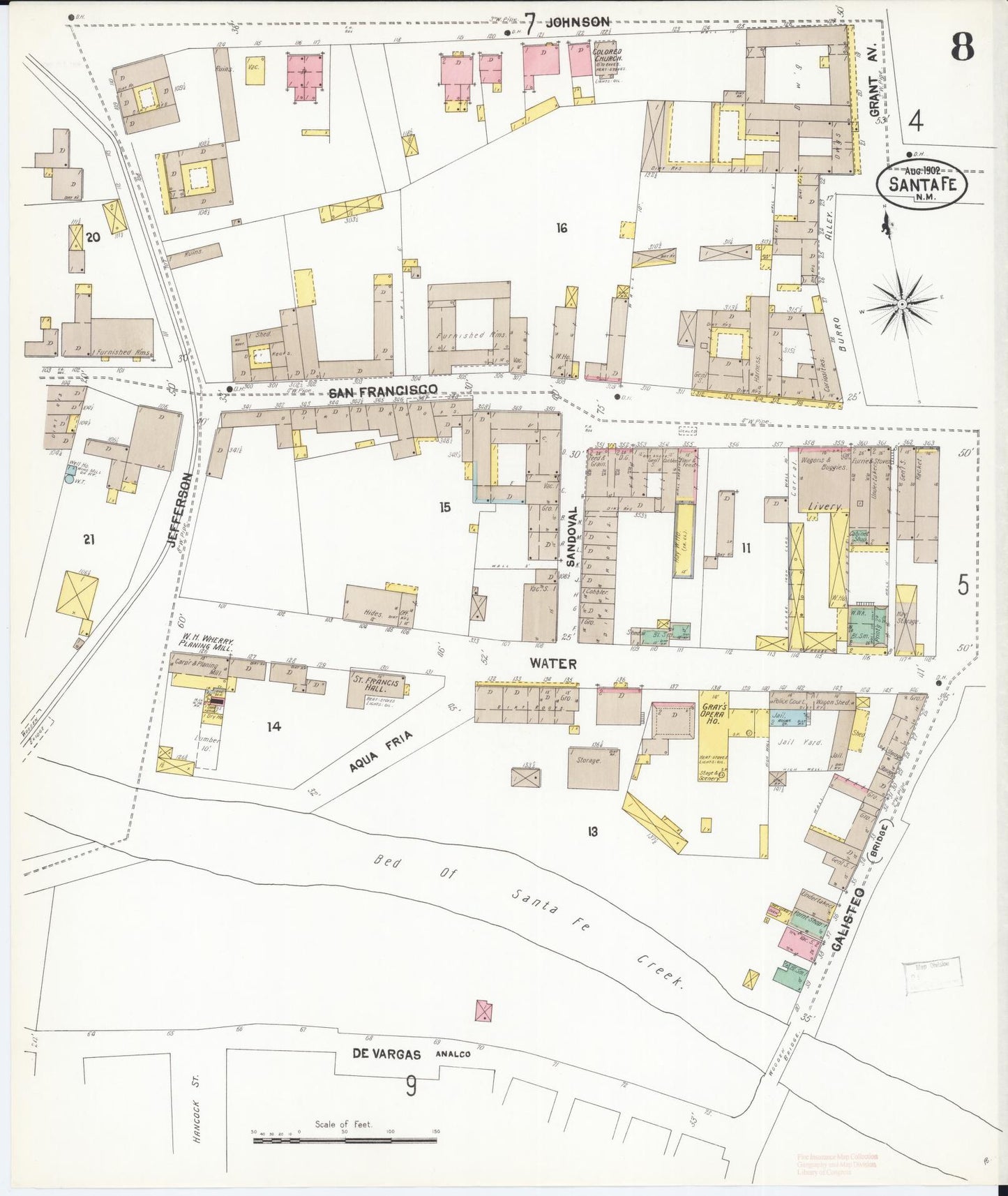 Sanborn Fire Insurance Map from Santa Fe, Santa Fe County, New Mexico (1902), Sheet #0008 - Complete Map Set gallery image, historic Sanborn map, vintage wall art, New Mexico New Mexico