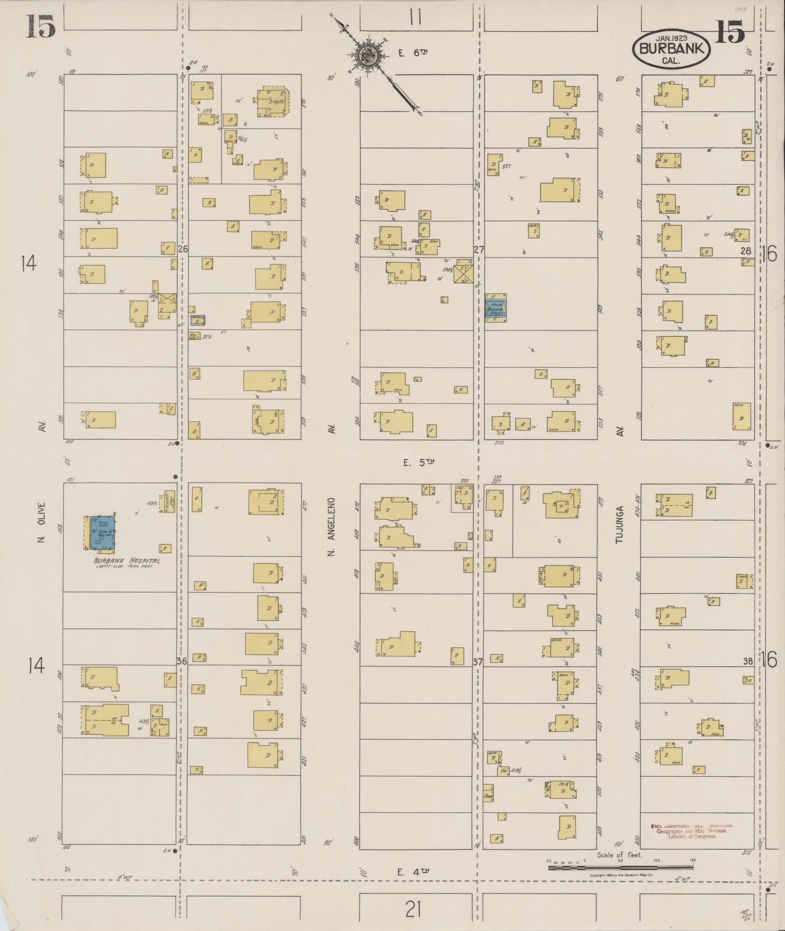 Sanborn Fire Insurance Map from Burbank, Los Angeles County, California (1923), Sheet #0015 - Historic Sanborn Fire Insurance Map Print, vintage old map wall art, antique decor, genealogy gift, California California map