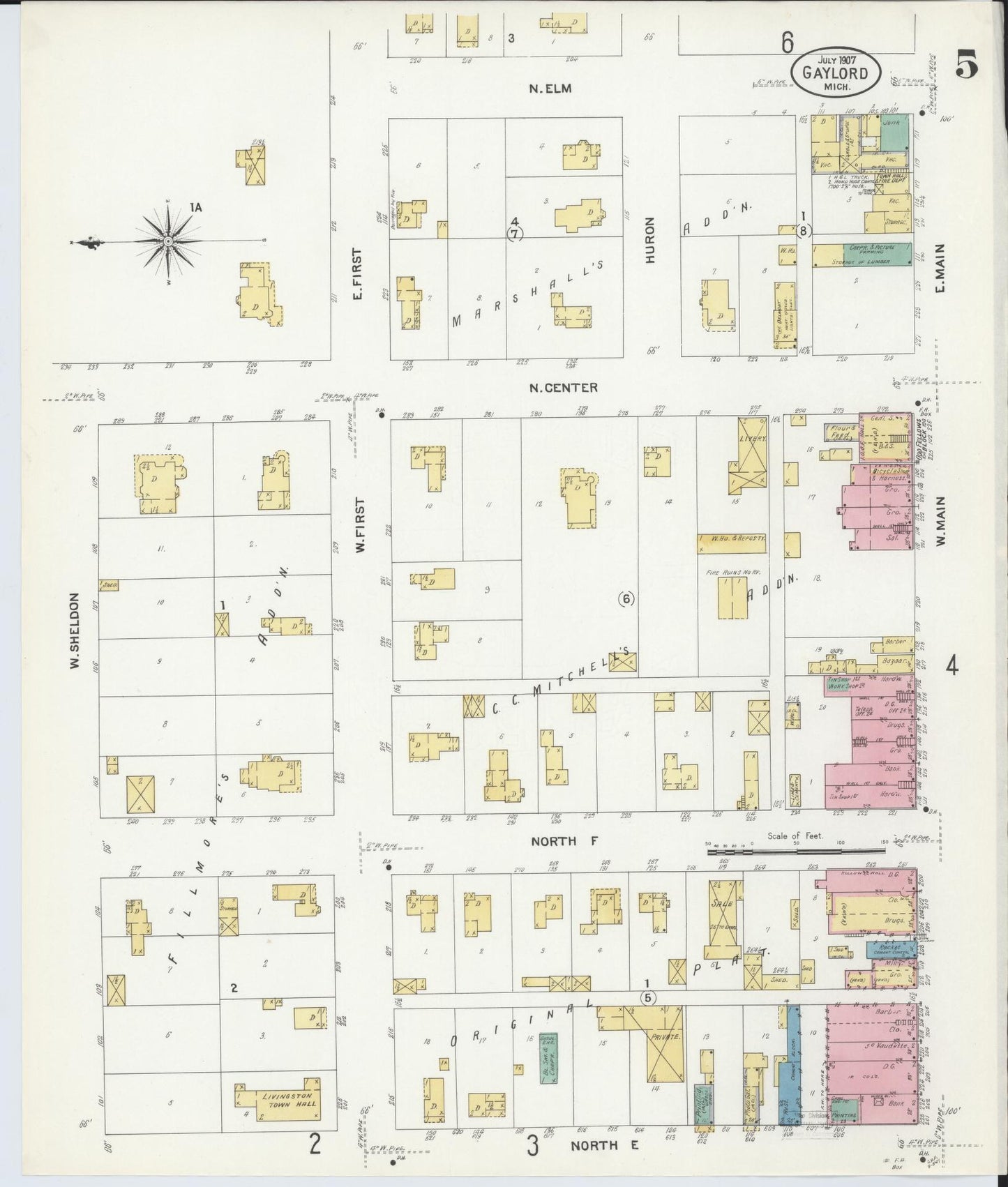 Sanborn Fire Insurance Map from Gaylord, Otsego County, Michigan (1907), Sheet #0005 - Complete Map Set gallery image, historic Sanborn map, vintage wall art, Michigan Michigan