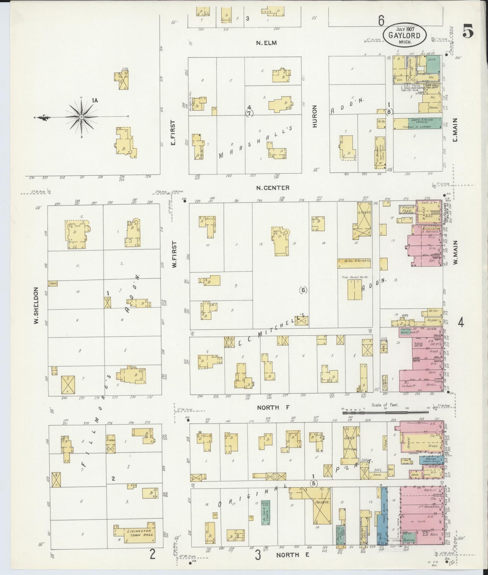 Sanborn Fire Insurance Map from Gaylord, Otsego County, Michigan (1907), Sheet #0005 - Complete Map Set gallery image, historic Sanborn map, vintage wall art, Michigan Michigan