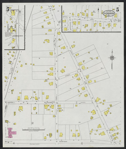 Sanborn Fire Insurance Map from Evergreen, Conecuh County, Alabama (1927), Sheet #0005 - Historic Sanborn Fire Insurance Map Print, vintage old map wall art, antique decor, genealogy gift, Alabama Alabama map