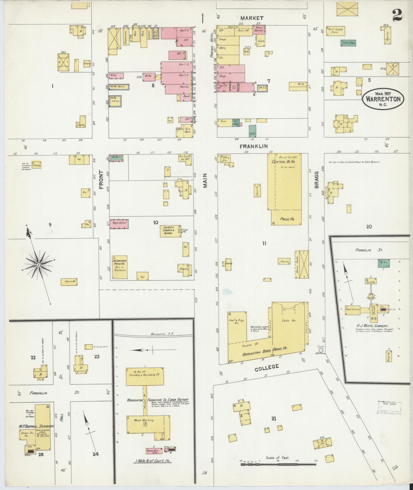 Sanborn Fire Insurance Map from Warrenton, Warren County, North Carolina (1907), Sheet #0002 - Complete Map Set gallery image, historic Sanborn map, vintage wall art, North Carolina North Carolina