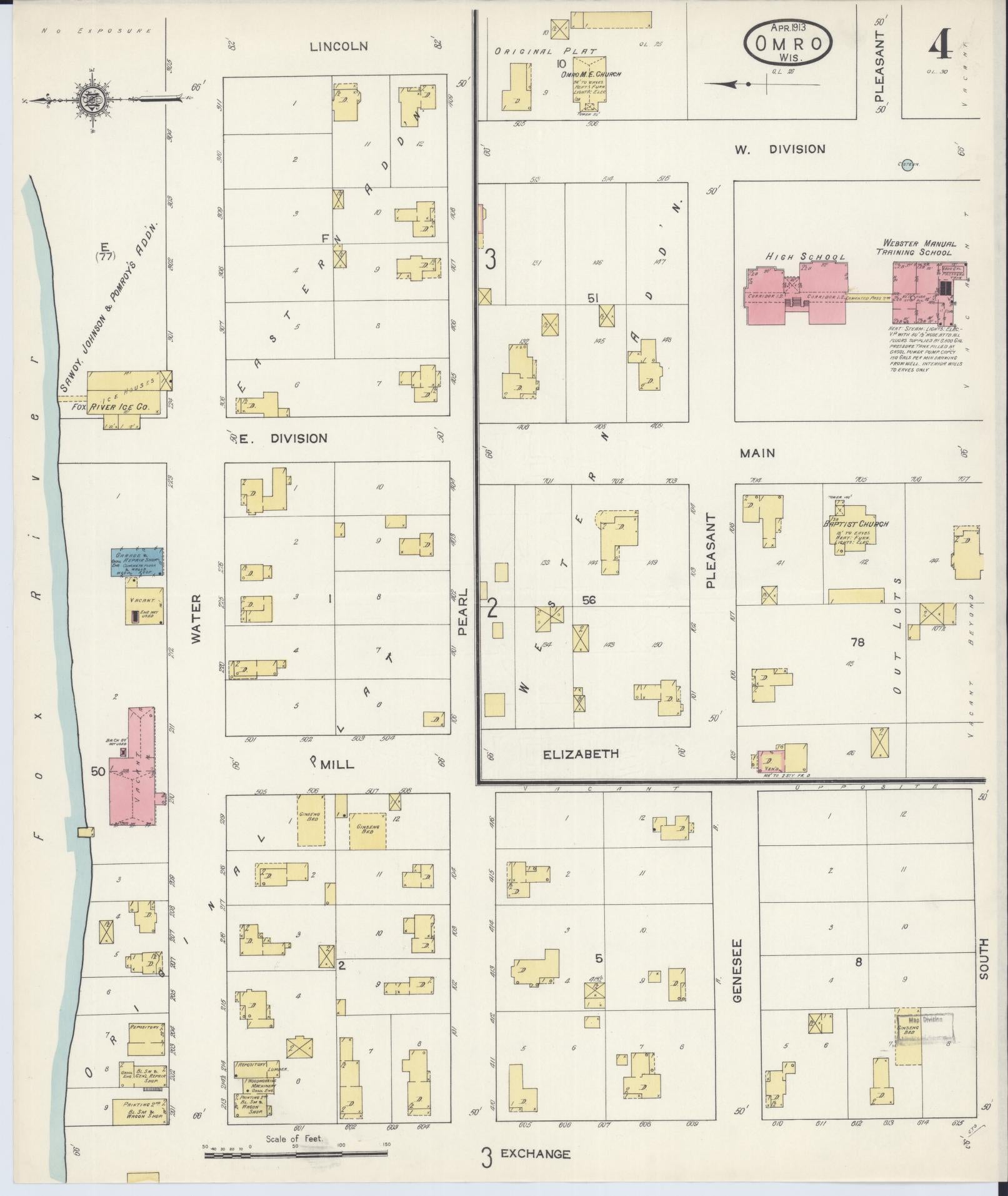 Sanborn Fire Insurance Map from Omro, Winnebago County, Wisconsin (1913), Sheet #0004 - Complete Map Set gallery image, historic Sanborn map, vintage wall art, Wisconsin Wisconsin