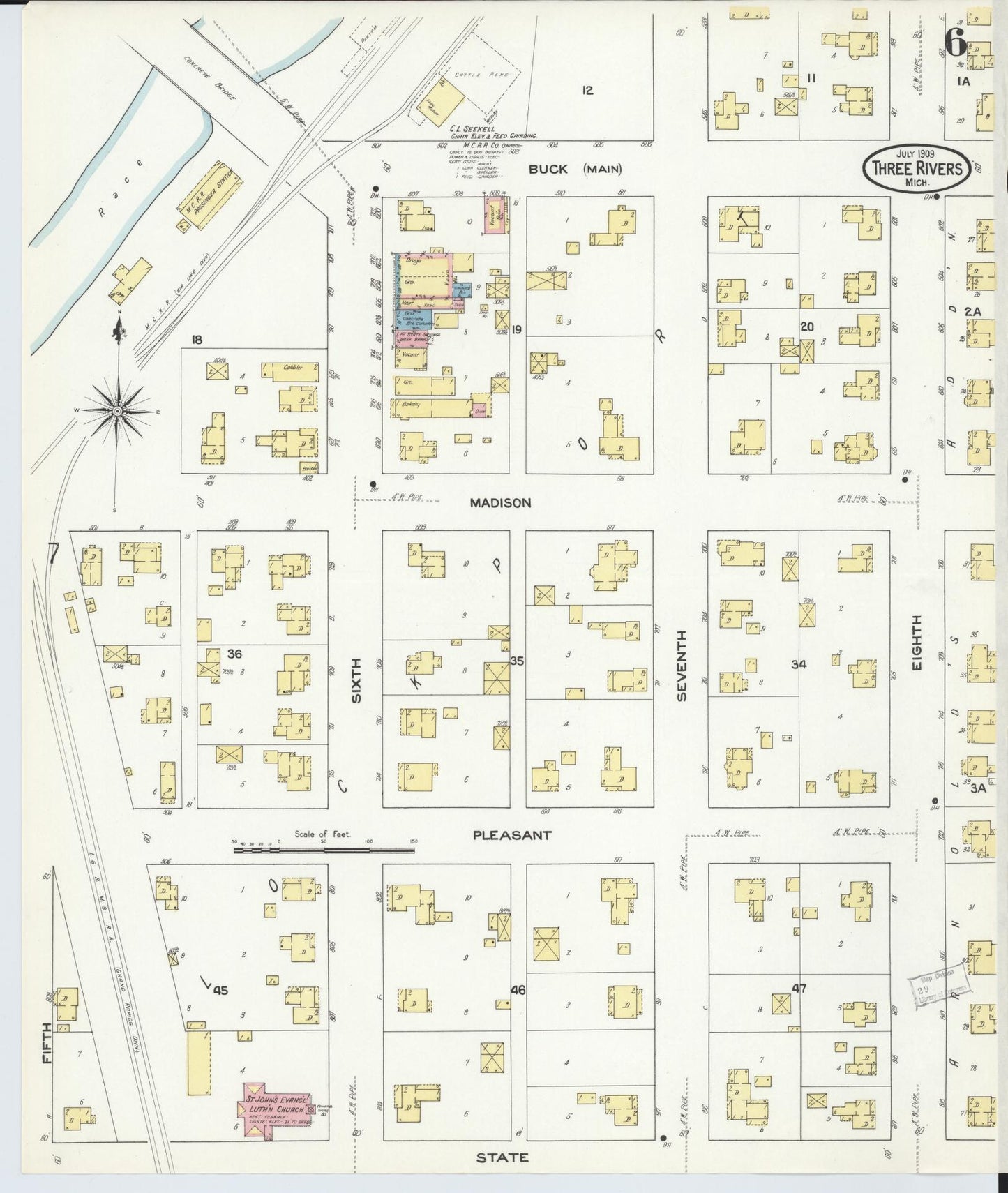 Sanborn Fire Insurance Map from Three Rivers, Saint Joseph County, Michigan (1909), Sheet #0006 - Historic Sanborn Fire Insurance Map Print, vintage old map wall art, antique decor, genealogy gift, Michigan Michigan map