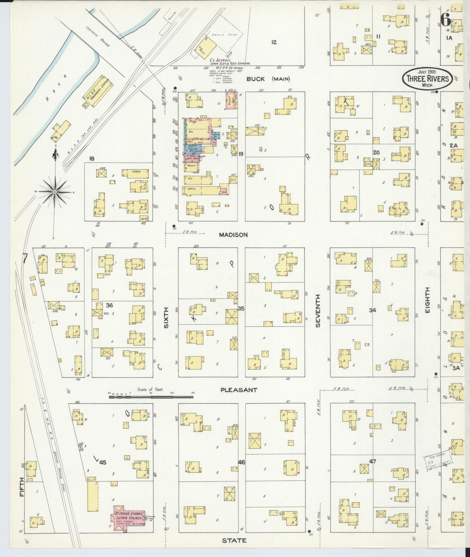 Sanborn Fire Insurance Map from Three Rivers, Saint Joseph County, Michigan (1909), Sheet #0006 - Historic Sanborn Fire Insurance Map Print, vintage old map wall art, antique decor, genealogy gift, Michigan Michigan map