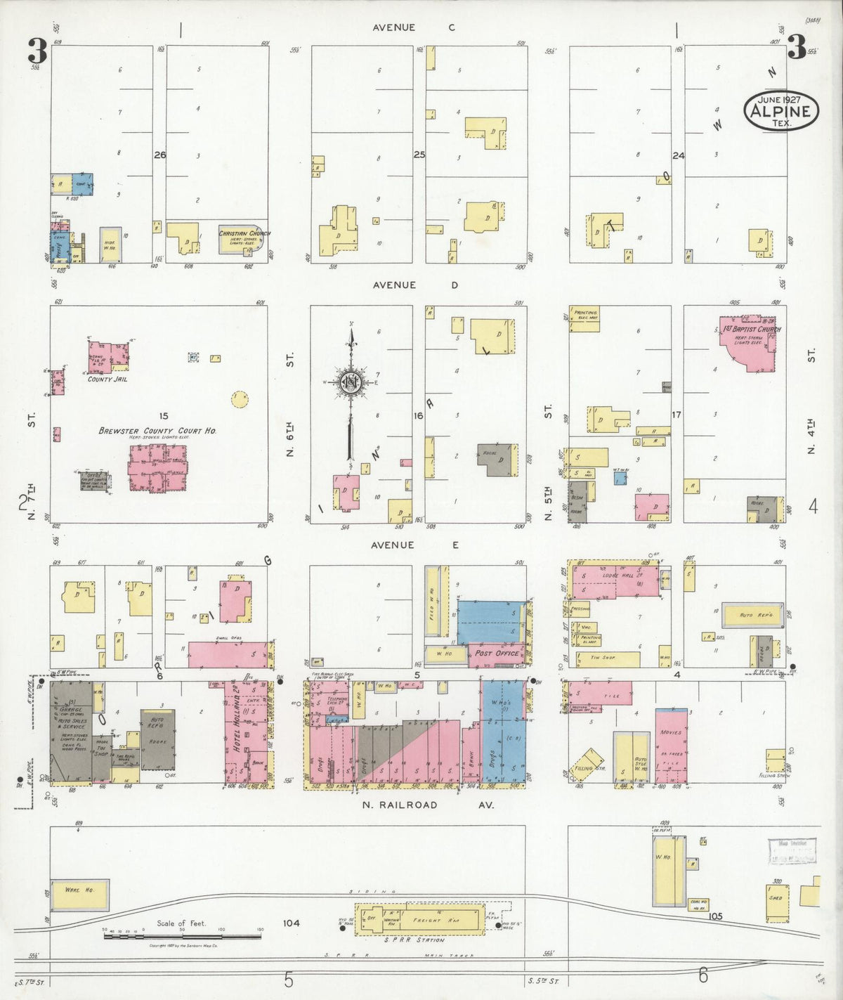 Sanborn Fire Insurance Map from Alpine, Brewster County, Texas (1927), Sheet #0003 - Complete Map Set gallery image, historic Sanborn map, vintage wall art, Texas Texas