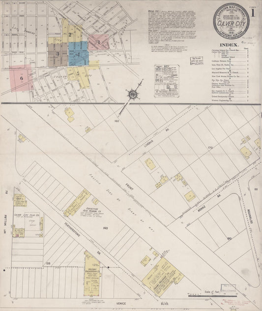 Sanborn Fire Insurance Map from Culver City, Los Angeles County, California (1919), Sheet #0001 - Historic Sanborn Fire Insurance Map Print, vintage old map wall art, antique decor, genealogy gift, California California map