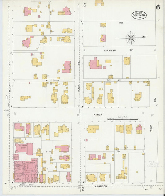 Sanborn Fire Insurance Map from Columbia, Maury County, Tennessee (1905), Sheet #0006 - Historic Sanborn Fire Insurance Map Print, vintage old map wall art, antique decor, genealogy gift, Tennessee Tennessee map
