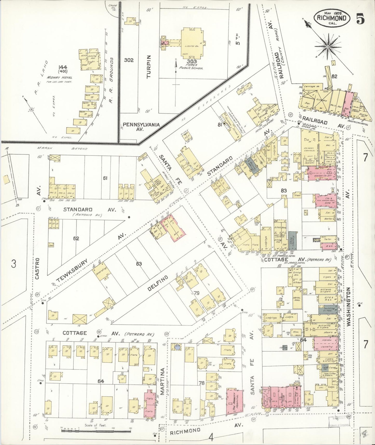 Sanborn Fire Insurance Map from Richmond, Contra Costa County, California (1909), Sheet #0005 - Complete Map Set gallery image, historic Sanborn map, vintage wall art, California California