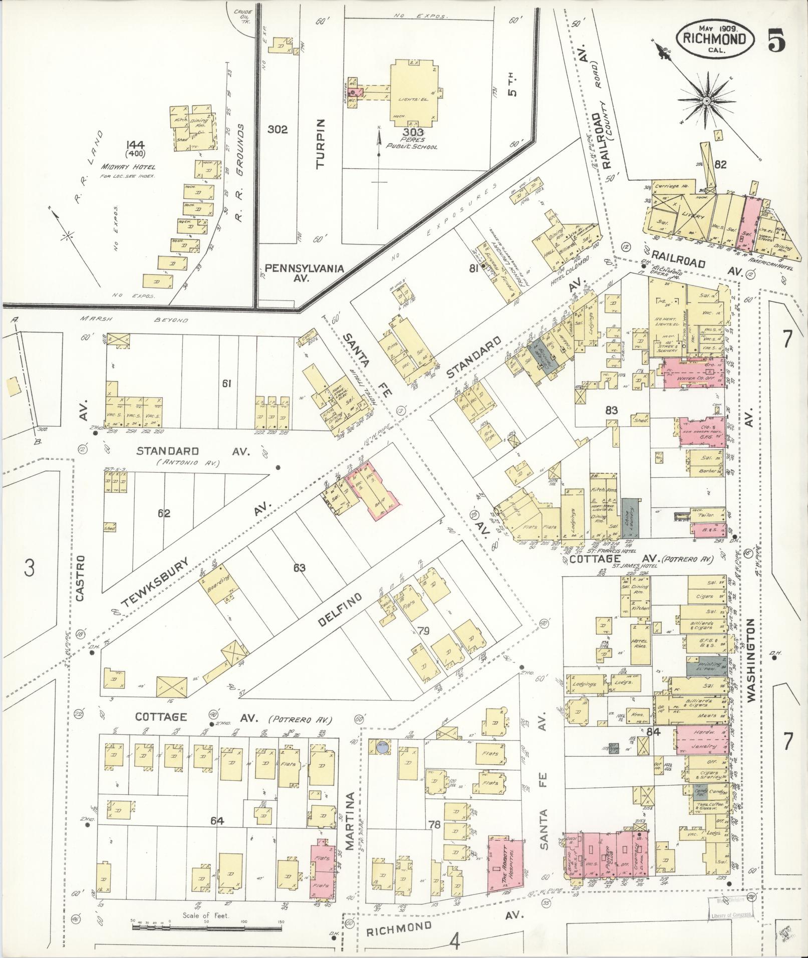 Sanborn Fire Insurance Map from Richmond, Contra Costa County, California (1909), Sheet #0005 - Complete Map Set gallery image, historic Sanborn map, vintage wall art, California California