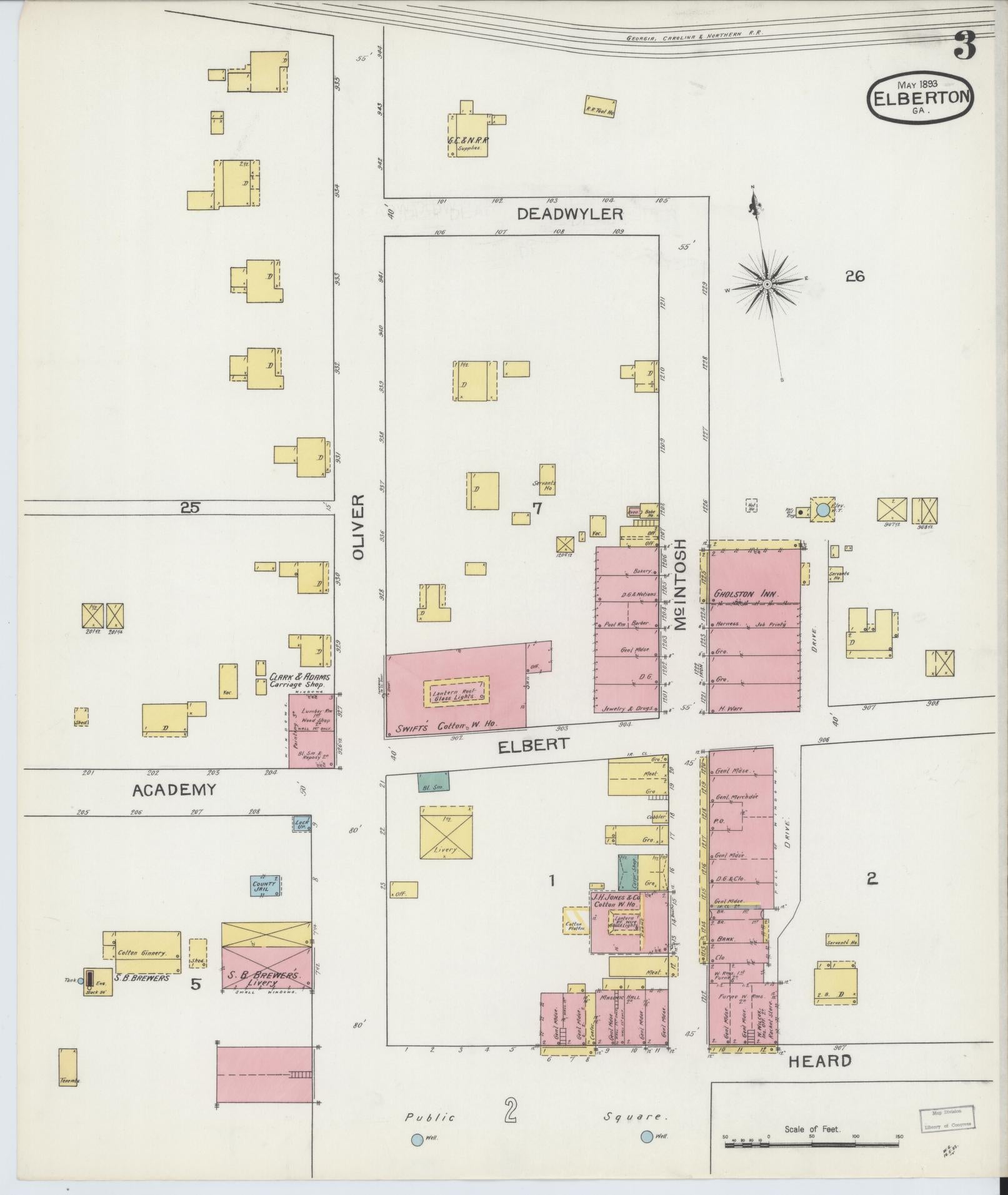 Sanborn Fire Insurance Map from Elberton, Elbert County, Georgia (1893), Sheet #0003 - Historic Sanborn Fire Insurance Map Print, vintage old map wall art, antique decor, genealogy gift, Georgia Georgia map
