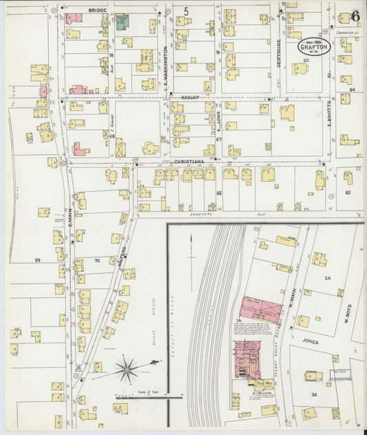 Sanborn Fire Insurance Map from Grafton, Taylor County, West Virginia (1906), Sheet #0006 - Historic Sanborn Fire Insurance Map Print, vintage old map wall art, antique decor, genealogy gift, West Virginia West Virginia map