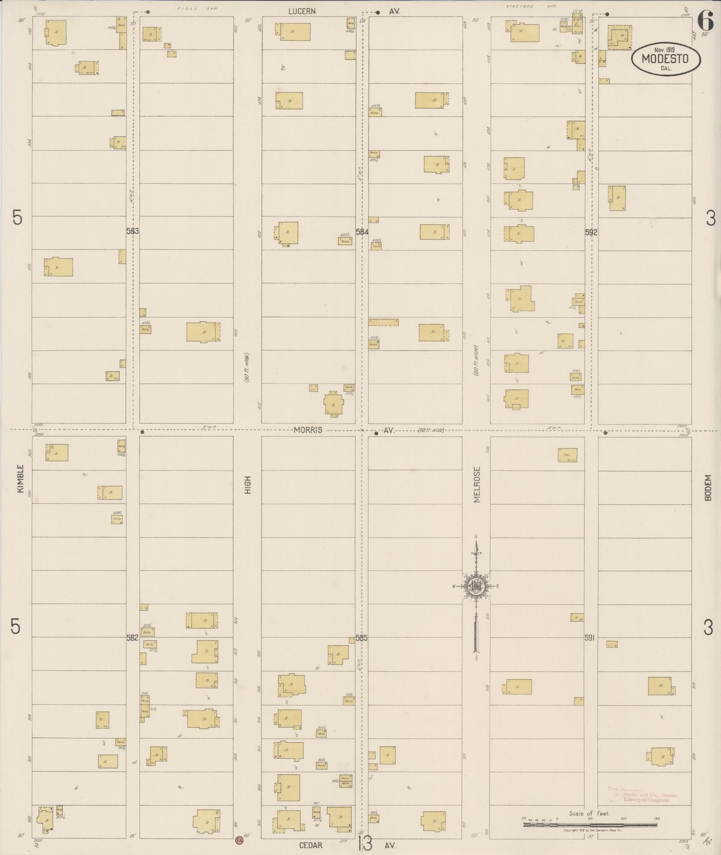 Sanborn Fire Insurance Map from Modesto, Stanislaus County, California (1919), Sheet #0006 - Complete Map Set gallery image, historic Sanborn map, vintage wall art, California California