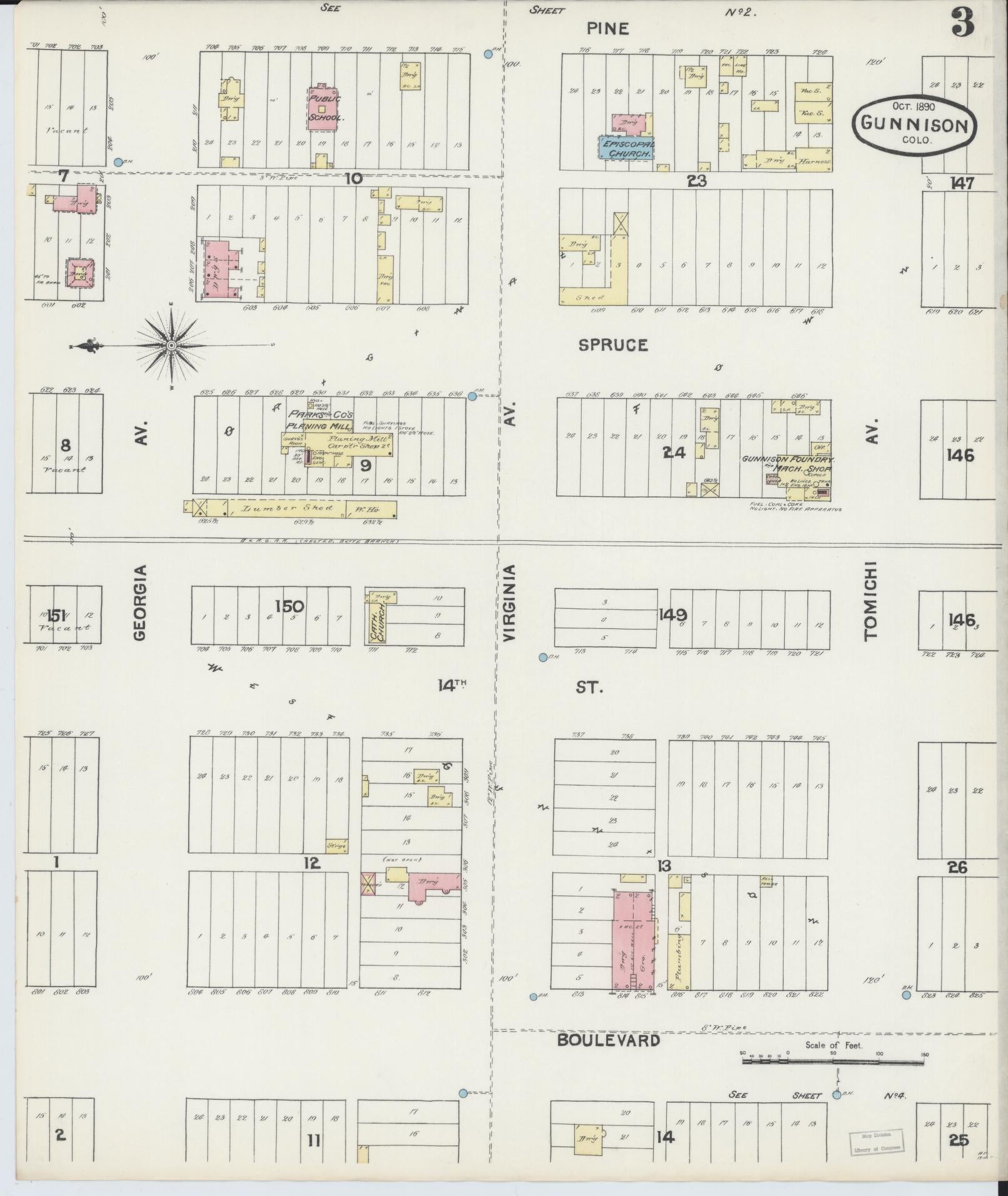 Sanborn Fire Insurance Map from Gunnison, Gunnison County, Colorado (1890), Sheet #0003 - Complete Map Set gallery image, historic Sanborn map, vintage wall art, Colorado Colorado