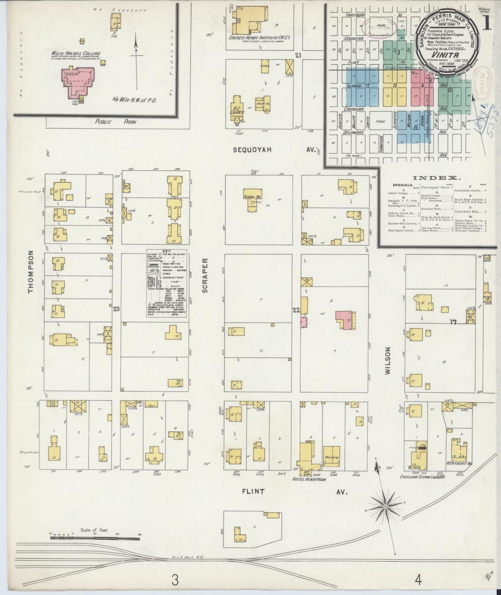 Sanborn Fire Insurance Map from Vinita, Craig County, Oklahoma (1898), Sheet #0001 - Historic Sanborn Fire Insurance Map Print, vintage old map wall art, antique decor, genealogy gift, Oklahoma Oklahoma map