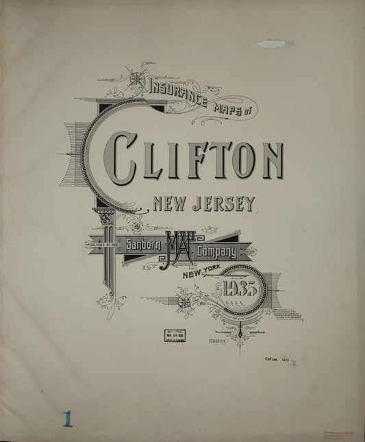 Sanborn Fire Insurance Map from Clifton, Passaic County, New Jersey (1935), Sheet #0001 - Historic Sanborn Fire Insurance Map Print, vintage old map wall art, antique decor, genealogy gift, New Jersey New Jersey map