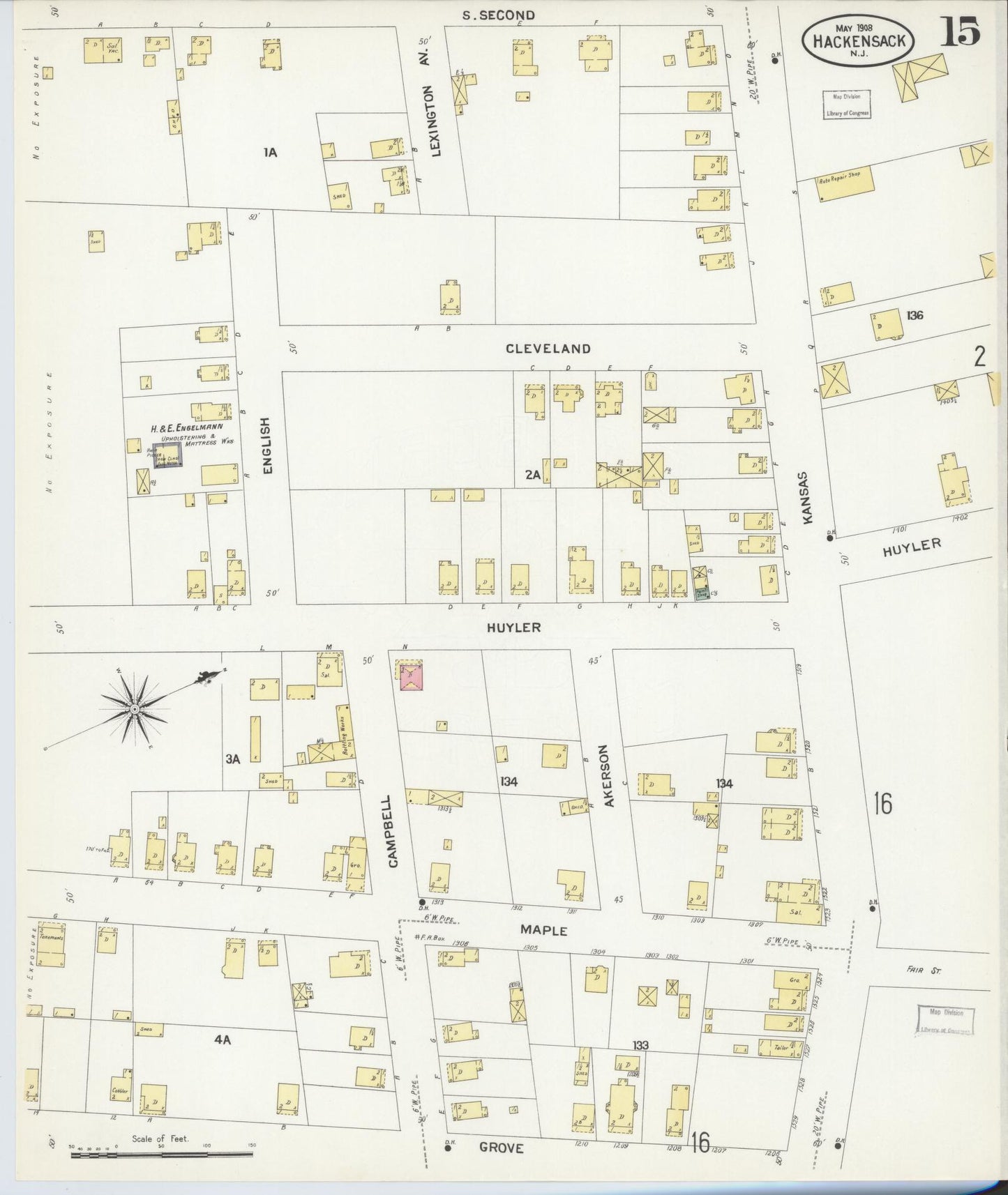 Sanborn Fire Insurance Map from Hackensack, Bergen County, New Jersey (1908), Sheet #0015 - Complete Map Set gallery image, historic Sanborn map, vintage wall art, New Jersey New Jersey