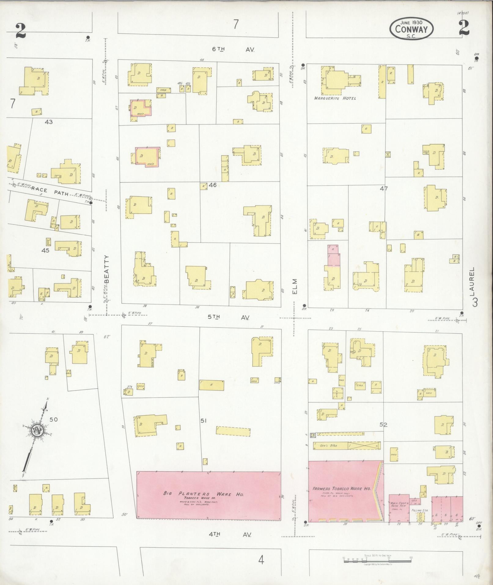 Sanborn Fire Insurance Map from Conway, Horry County, South Carolina (1930), Sheet #0002 - Complete Map Set gallery image, historic Sanborn map, vintage wall art, South Carolina South Carolina